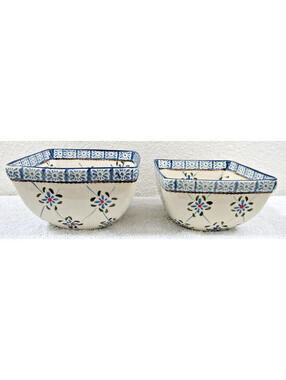 Temp-tations Old World Confetti Blue Rim 2 Square Serving Bowls 1 qt and 1.5 qt